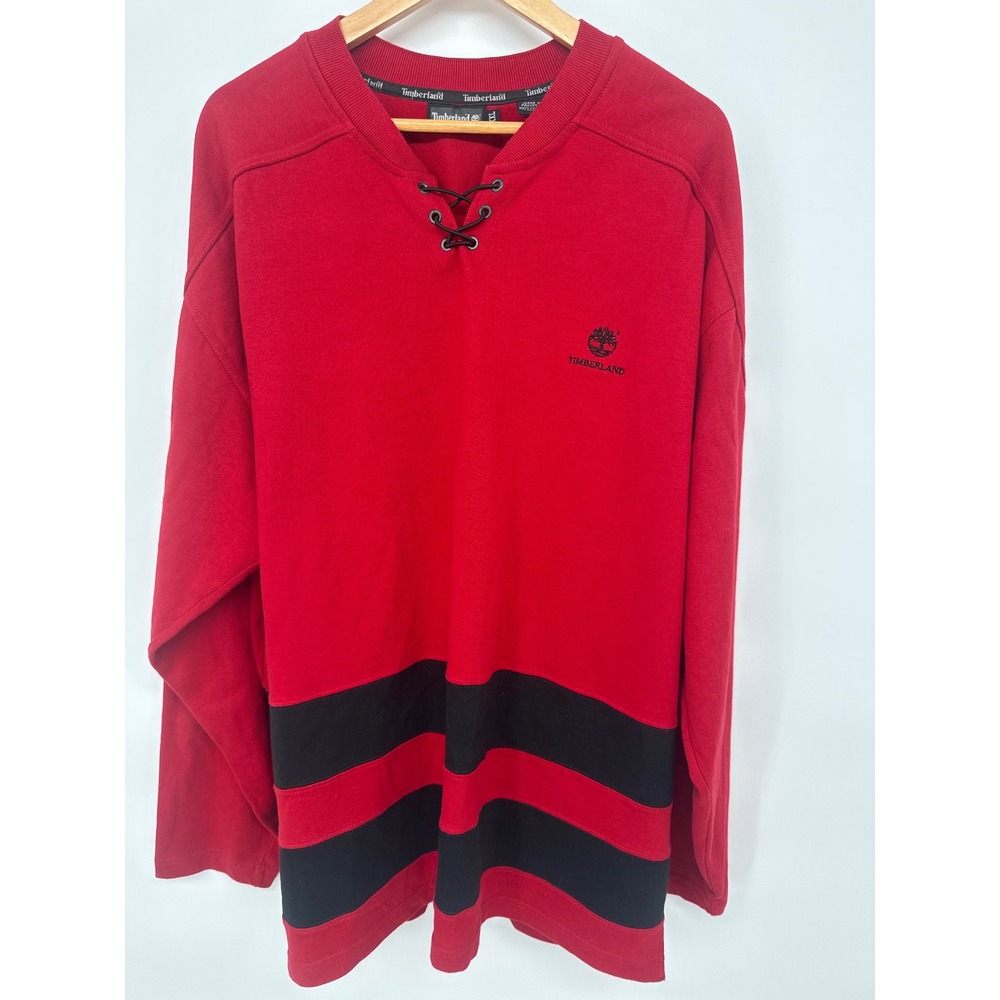 VTG 1997 Timberland Heavy Cotton Lace-Up Hockey Jersey Red Black XXL Streetwear